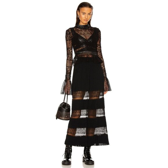 ALAÏA Long Voluminous Pleat And Lace Skirt in Noir 36 2 New Womens Maxi Knit - Picture 1 of 15